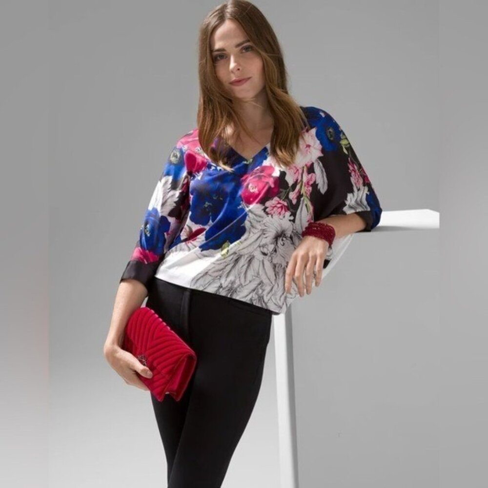 White House Black Market Kimono Sleeve Satin Blouse Large Black Blue White Pink - Picture 12 of 12